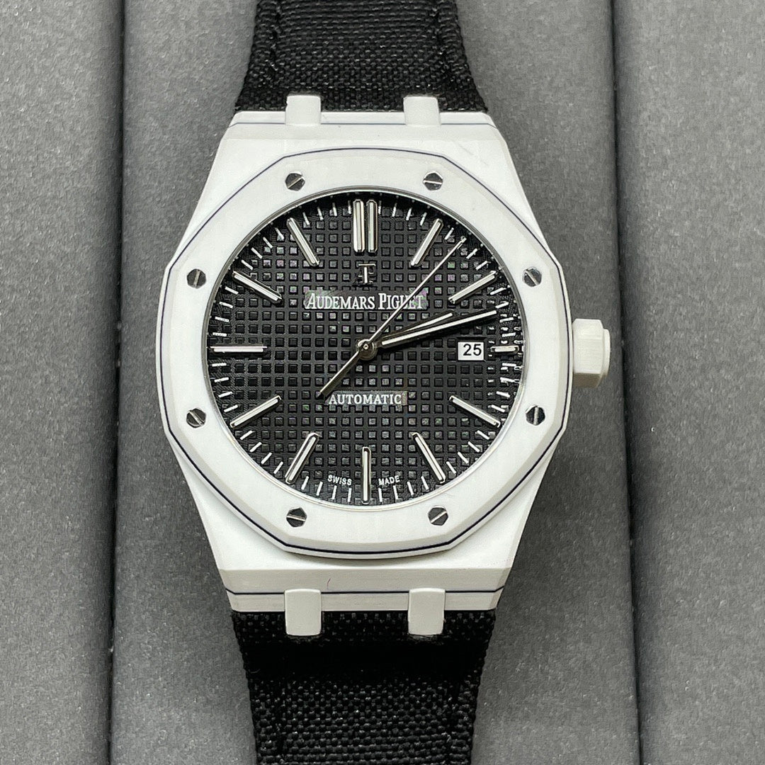 Audemars Piguet wristwatch with black textured dial, steel bezel, black fabric strap