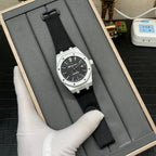 Audemars Piguet wristwatch in box with black dial and black fabric strap