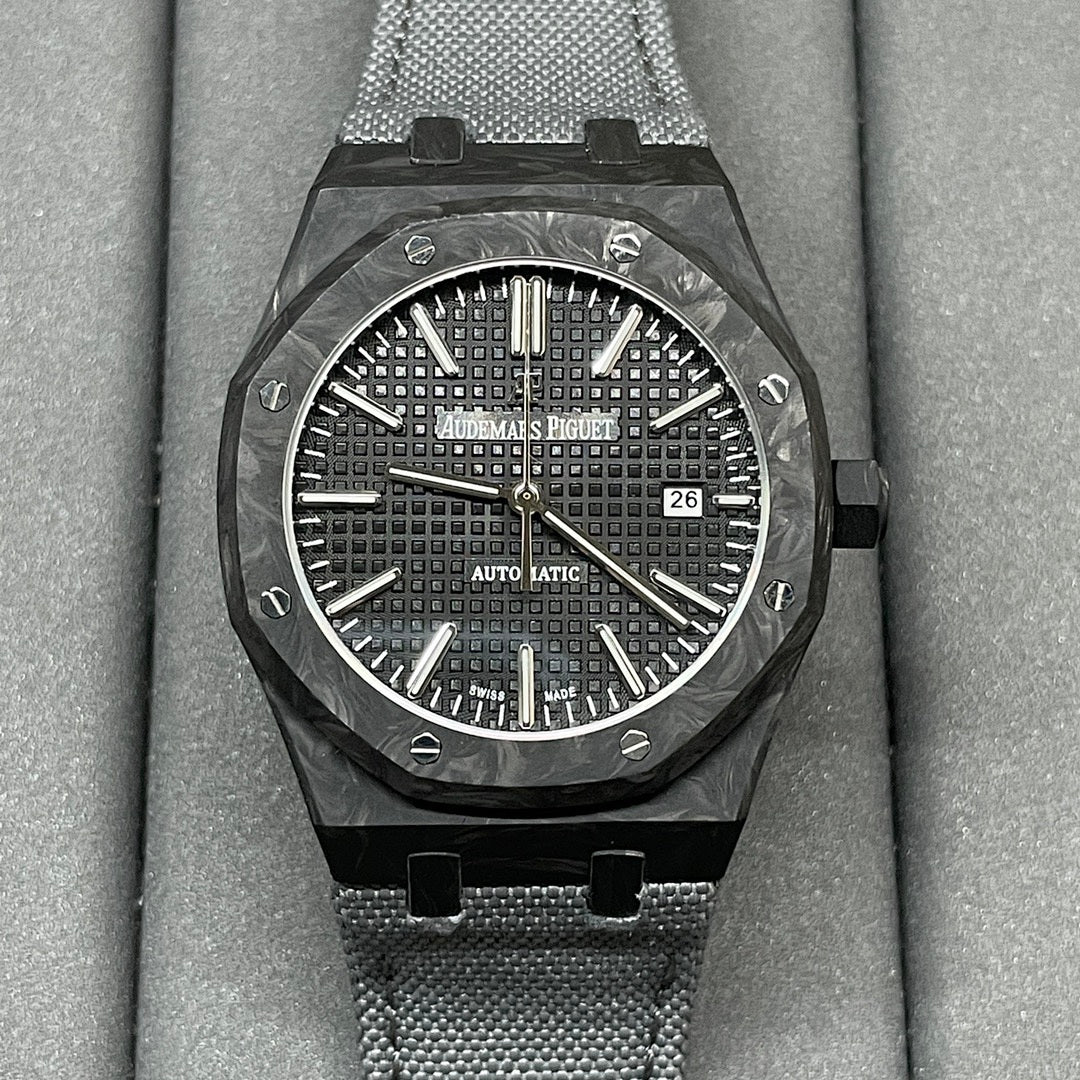 Audemars Piguet watch with black textured dial, date window at 3, black mesh strap