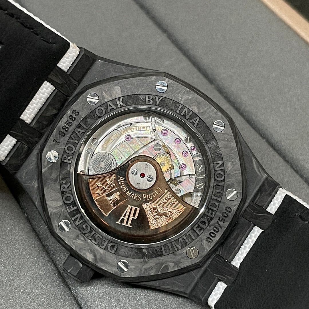 Audemars Piguet caseback watch with visible movement and engraved rotor
