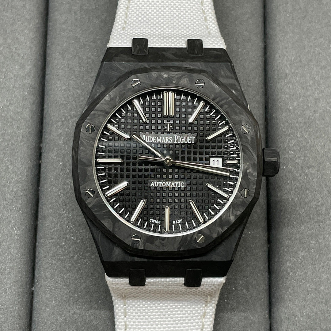 Audemars Piguet automatic watch with black textured dial and white strap