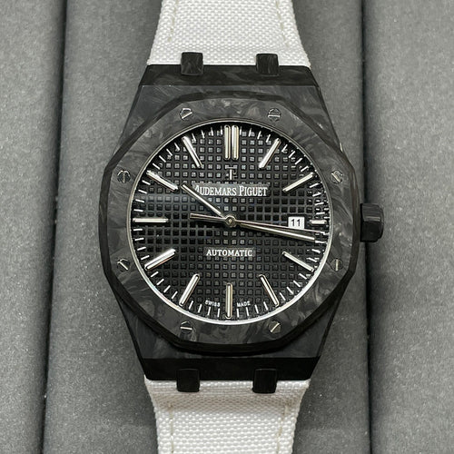 Audemars Piguet automatic watch with black textured dial and white strap