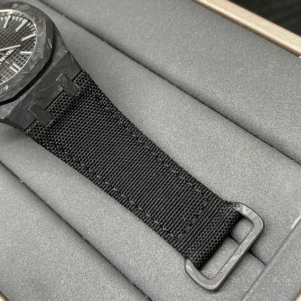 Audemars Piguet black woven watch strap with metal buckle