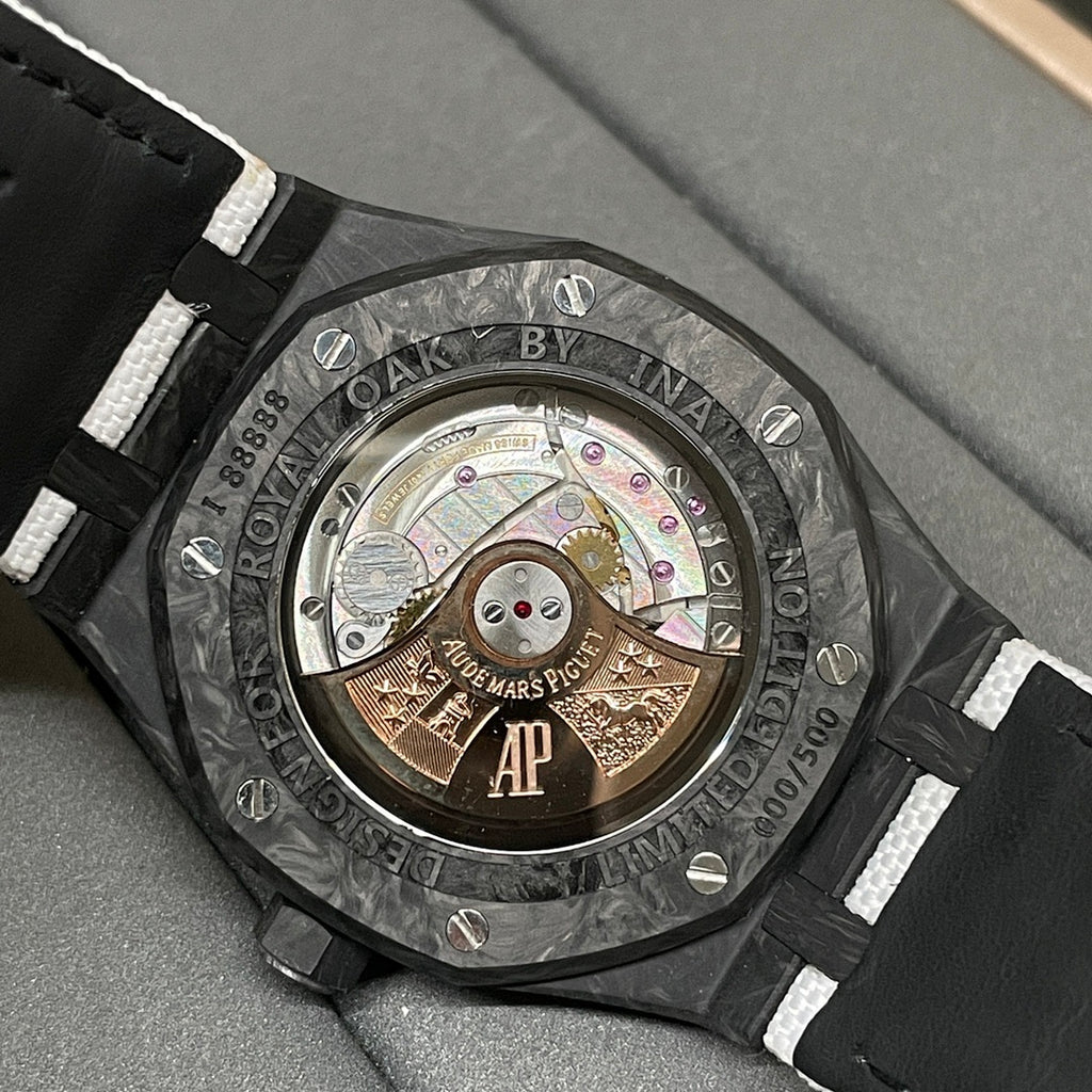 Audemars Piguet Royal Oak watch skeleton caseback with visible gears and jeweled movement