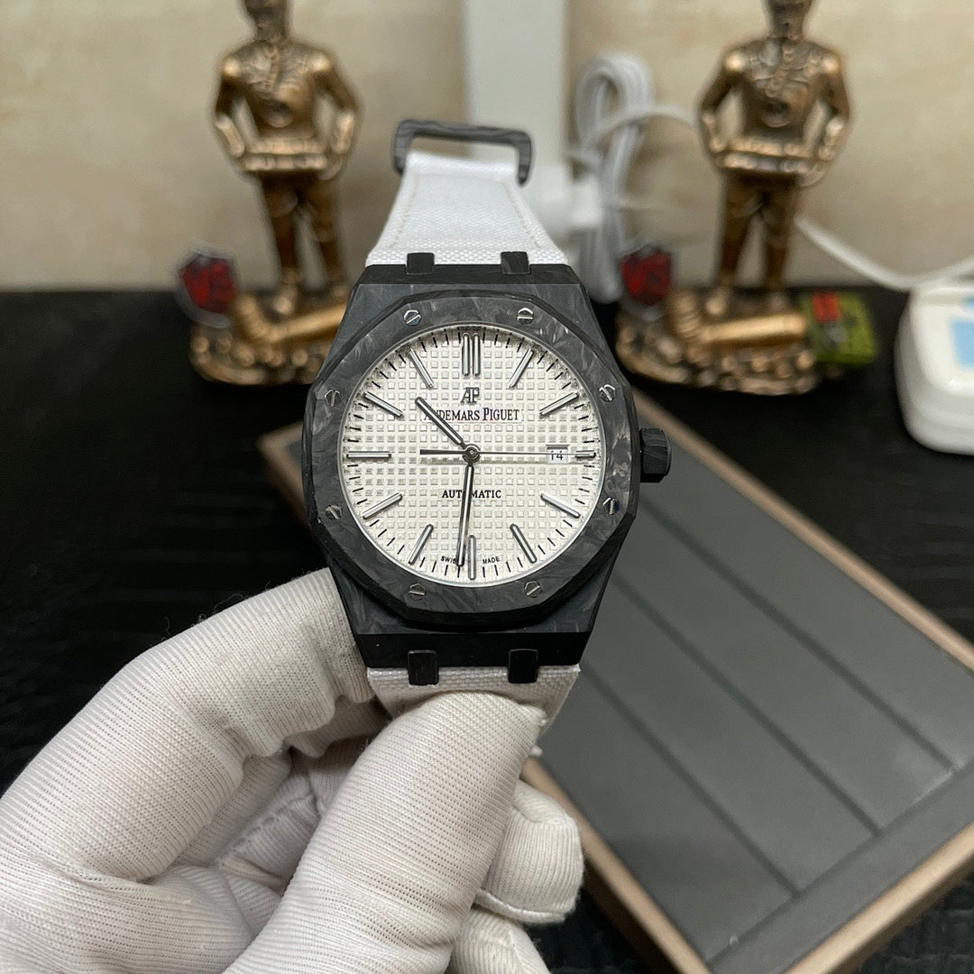 Audemars Piguet Royal Oak watch front view with white dial, black case, and white strap