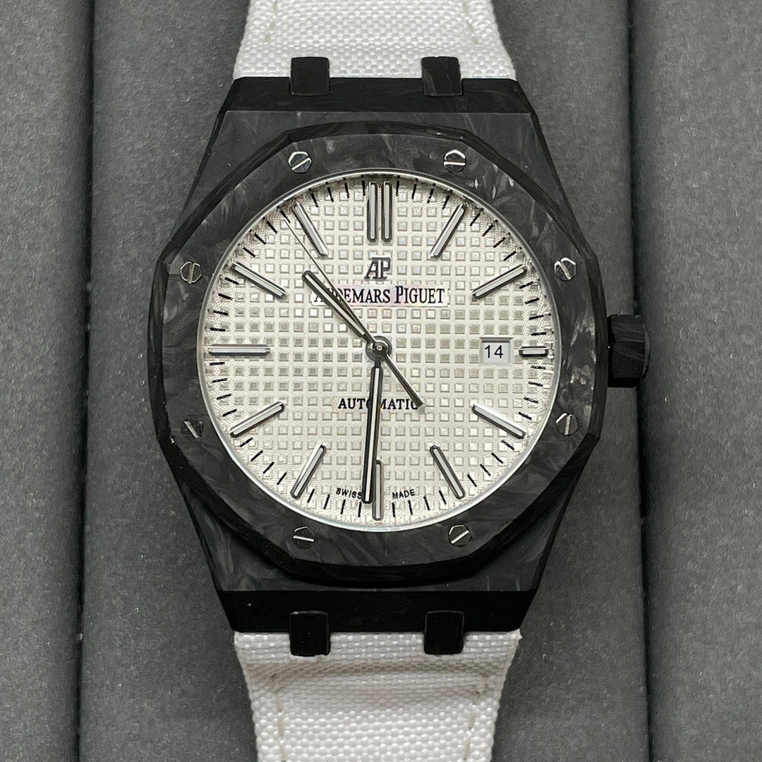 Audemars Piguet Royal Oak watch with black octagonal case, white dial, and white strap