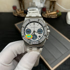 Luxury chronograph wristwatch with silver bezel, white dial, and white strap held up