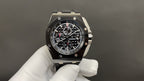 Audemars Piguet wristwatch with black chronograph dial, steel case, steel bracelet