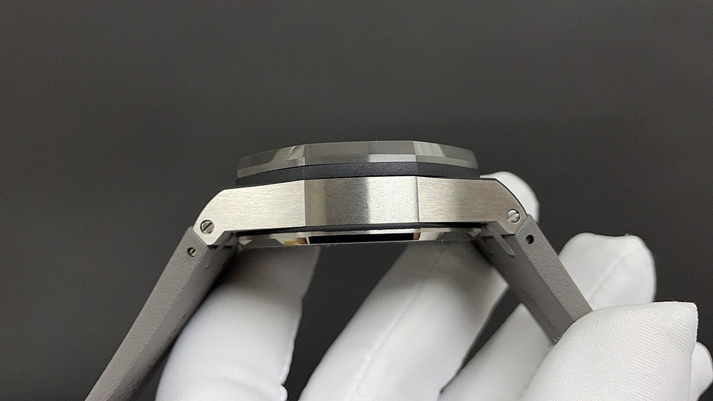Stainless steel watch case profile with brushed bezel and crown guards