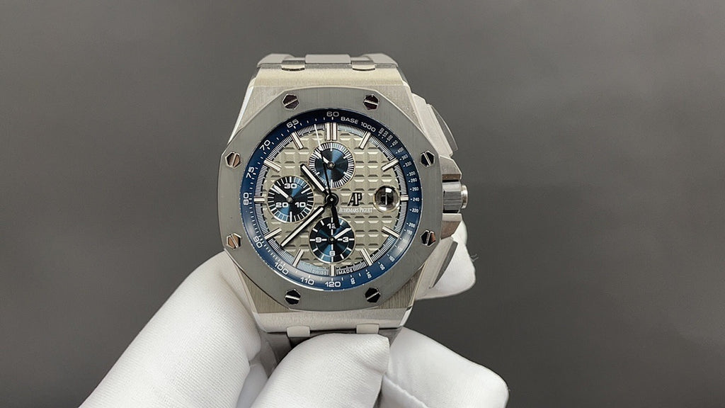 Audemars Piguet stainless steel watch with blue dial and chronograph hands