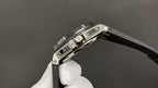 Audemars Piguet Royal Oak watch clasp view, steel links and black rubber strap