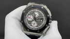 Audemars Piguet Royal Oak chronograph watch with black textured dial and rubber strap