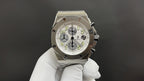 Stainless steel Audemars Piguet watch, white dial with subdials and date window
