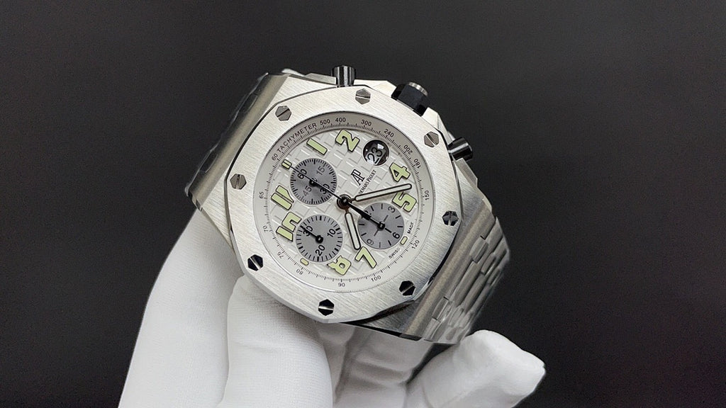 Stainless steel Audemars Piguet watch with white dial and multiple subdials