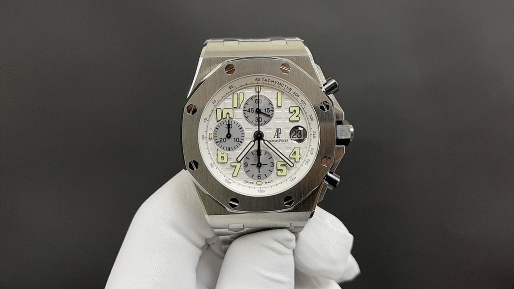 Stainless steel Audemars Piguet watch, angled front view with subdials and date window