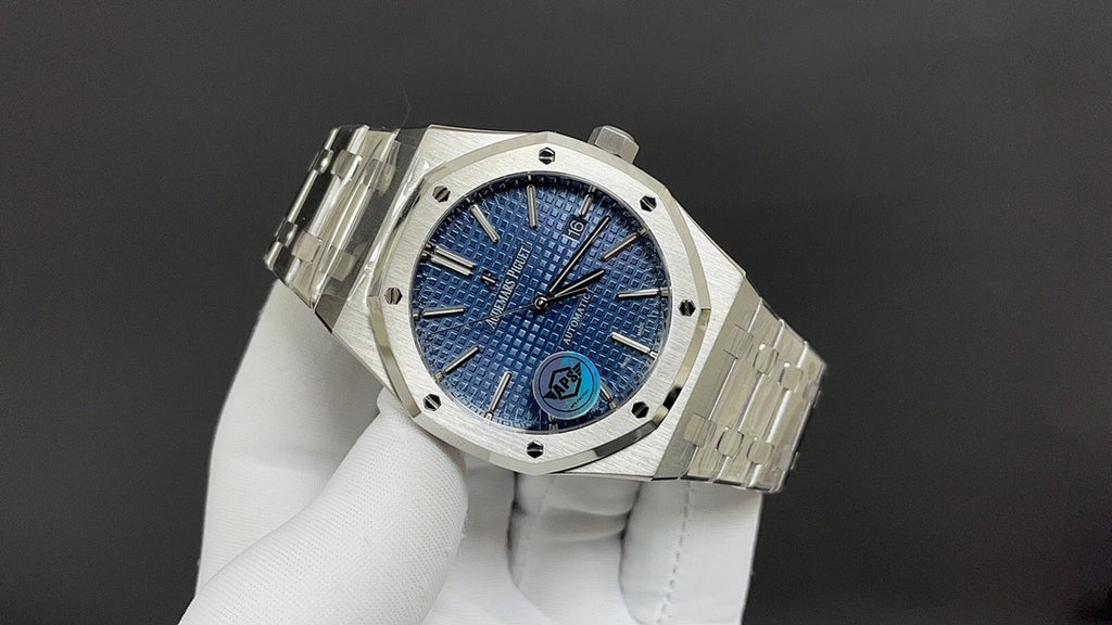 Audemars Piguet watch angled view with blue dial and steel bracelet