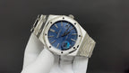 Audemars Piguet watch angled view with blue dial and steel bracelet