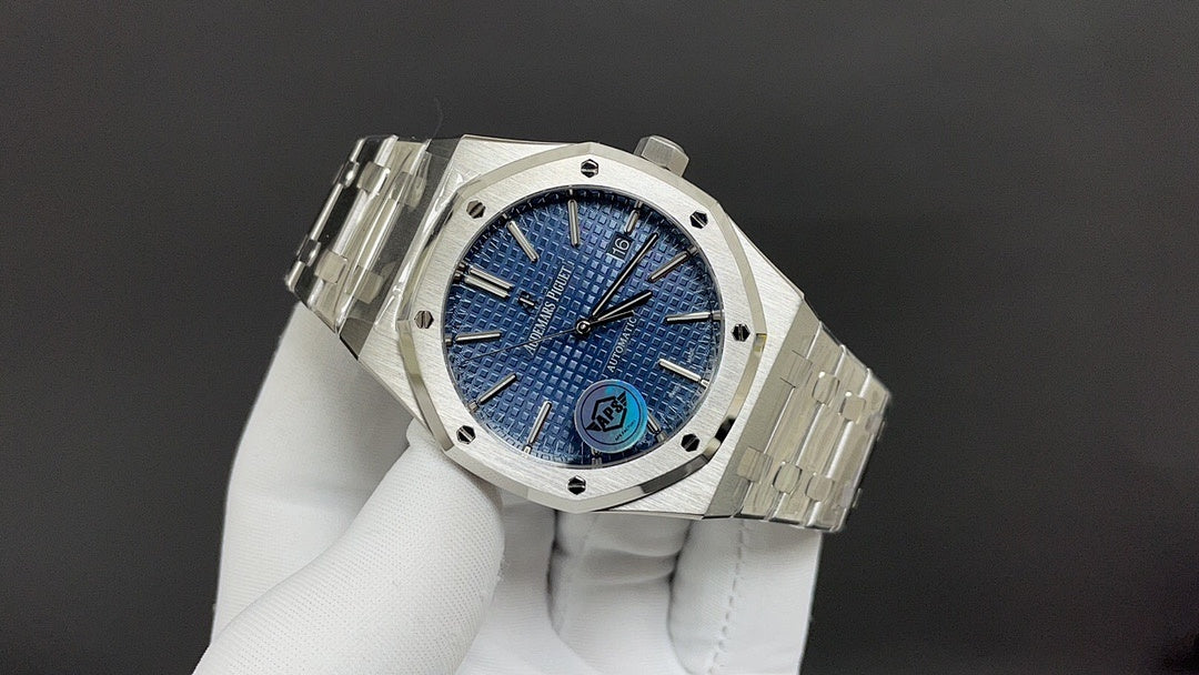 Audemars Piguet watch angled view with blue dial and steel bracelet