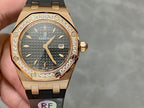 Rose gold Royal Oak watch with diamond bezel, dark dial and date window, black strap