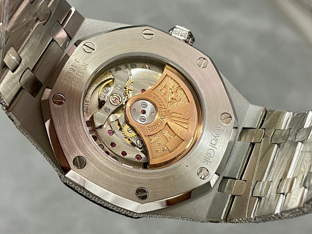 Luxury watch case back with exposed mechanical movement and diamond-set bezel