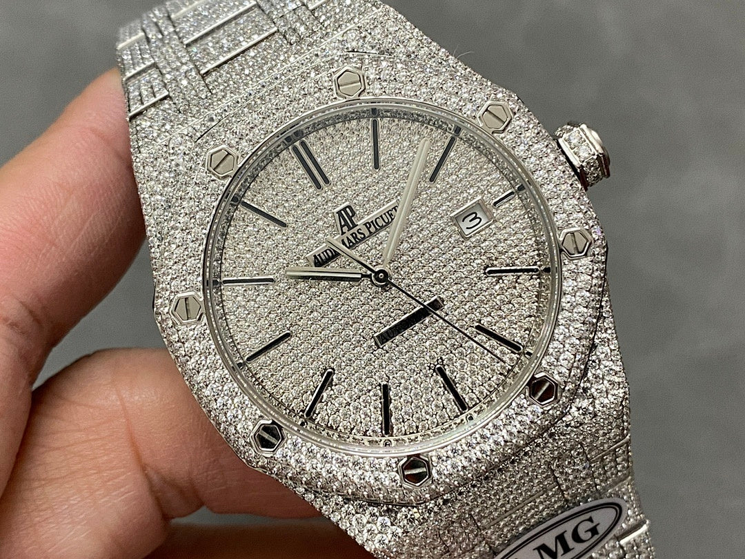 Silver-toned diamond-studded luxury watch with round dial and bezel gemstones