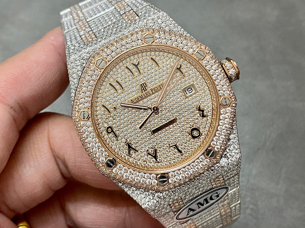 Diamond-encrusted wristwatch with champagne dial, Roman numerals, and AP logo