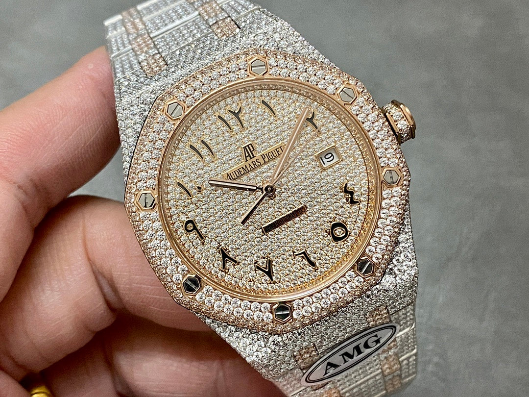 Diamond-encrusted wristwatch with champagne dial, Roman numerals, and AP logo