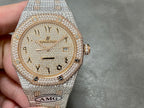 Diamond wristwatch front view with champagne dial, AP logo, and date marker