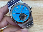 Audemars Piguet watch with blue textured dial, stainless case, and bracelet