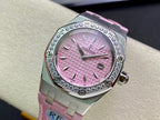 Pink dial diamond bezel wristwatch with pink strap, steel case and crown