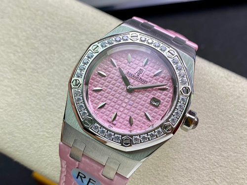 Pink dial diamond bezel wristwatch with pink strap, steel case and crown