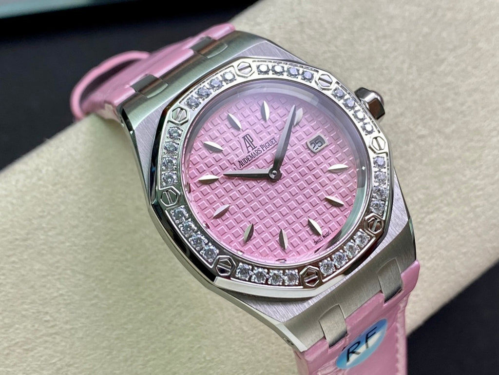 Front view of pink dial wristwatch with diamond bezel and pink leather strap
