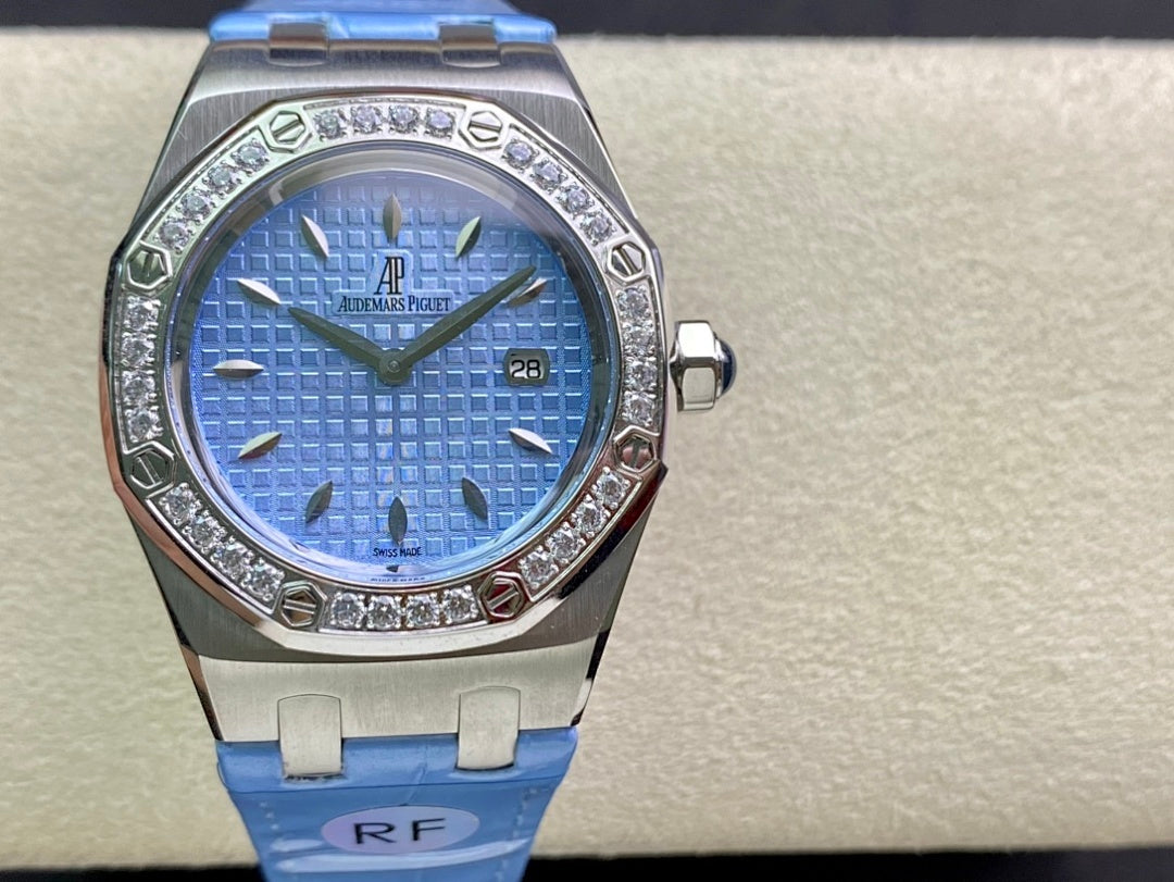 Audemars Piguet wristwatch front view with blue dial, diamond bezel, blue leather strap
