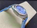 Audemars Piguet wristwatch angled view with blue dial, diamond bezel, blue leather strap