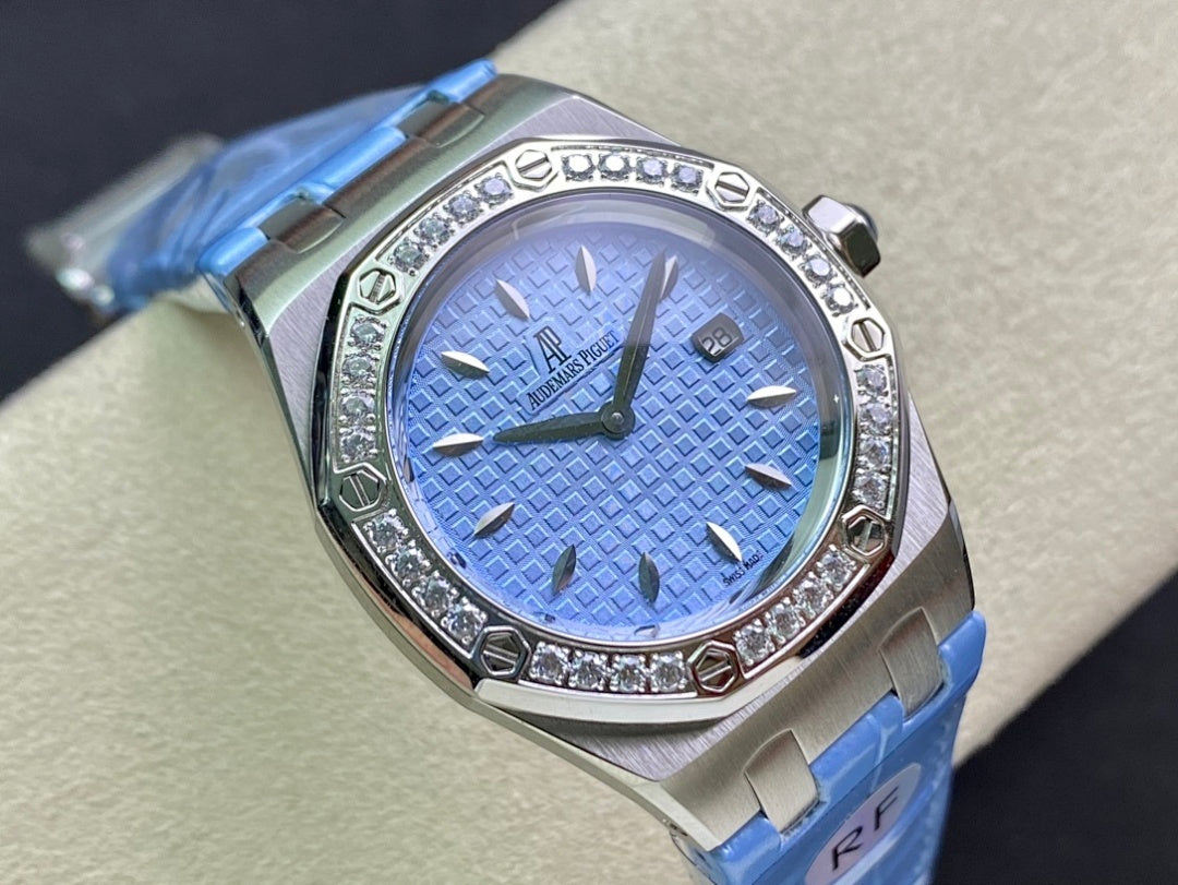 Audemars Piguet wristwatch close-up, blue dial, diamond bezel, blue leather strap