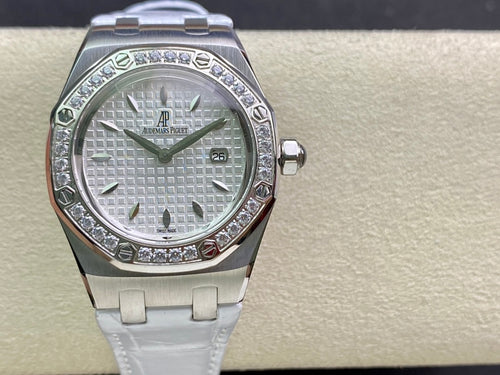 Audemars Piguet wristwatch on white leather strap, silver case, diamond bezel, white dial