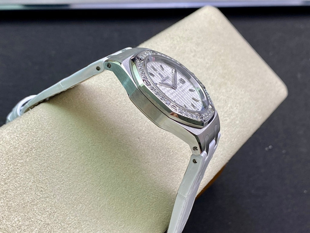 Audemars Piguet wristwatch back view with silver case and white leather strap