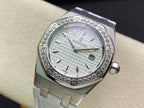 Audemars Piguet wristwatch with silver case, diamond bezel, white dial, metal bracelet