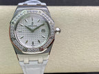 Audemars Piguet wristwatch front view with diamond bezel, white dial, and silver bracelet