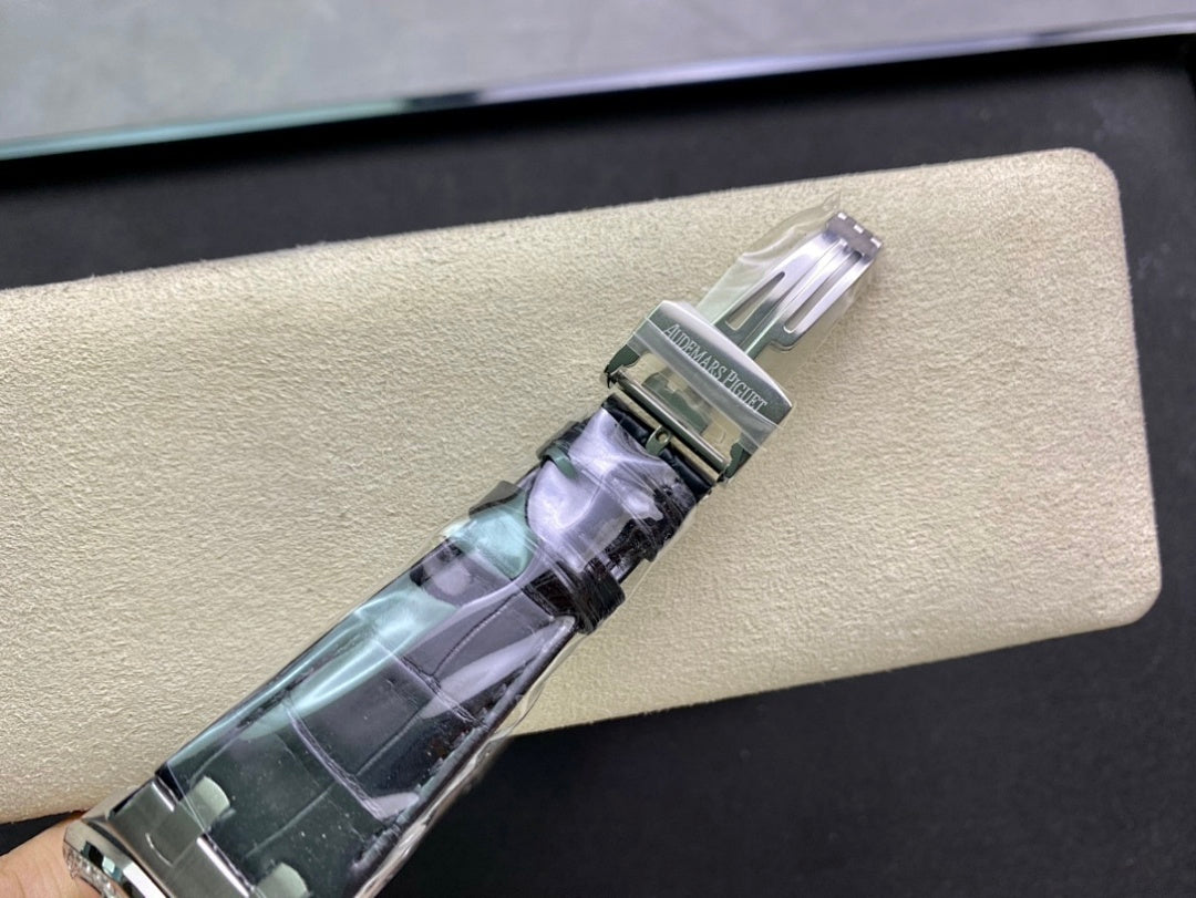 Audemars Piguet watch strap buckle and clasp with metal hardware and blue patterned leather