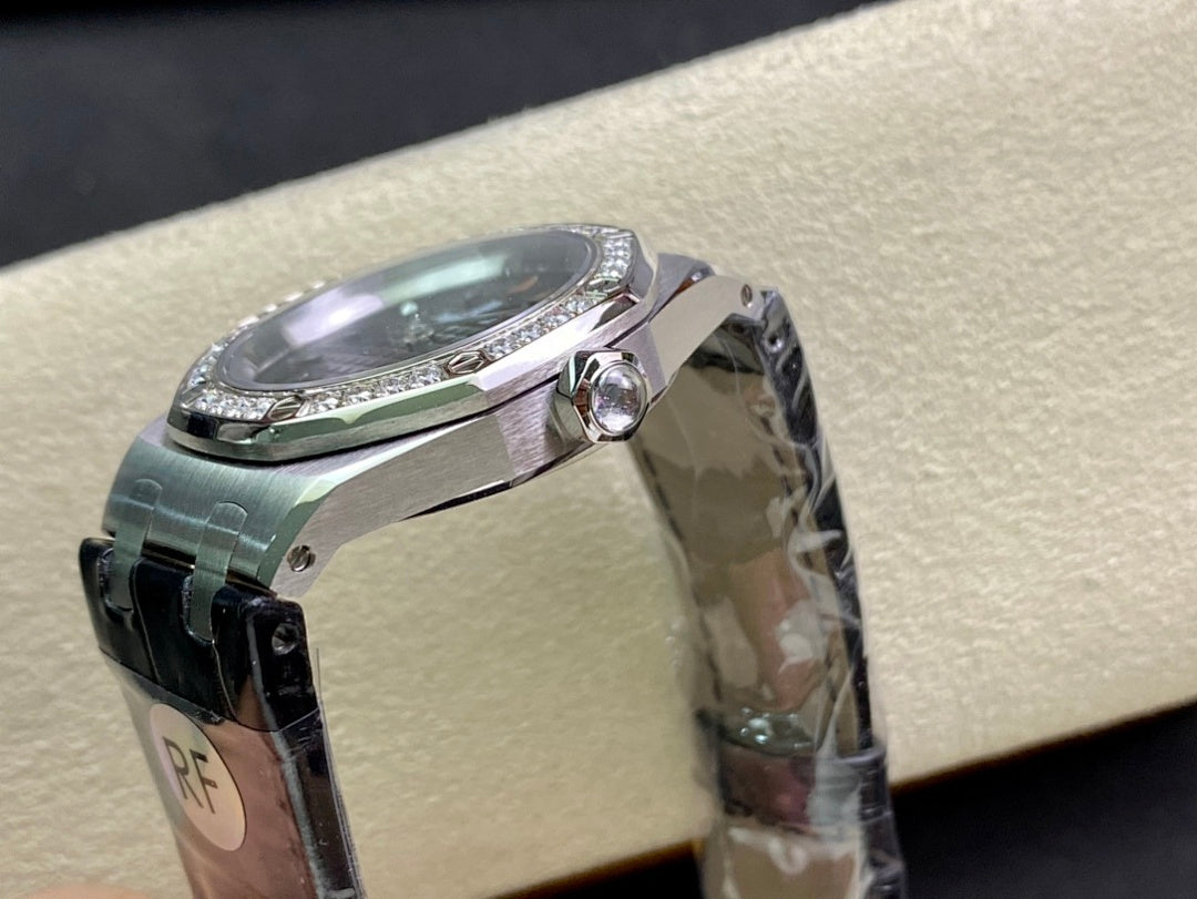 Audemars Piguet watch side view with silver case and blue patterned strap