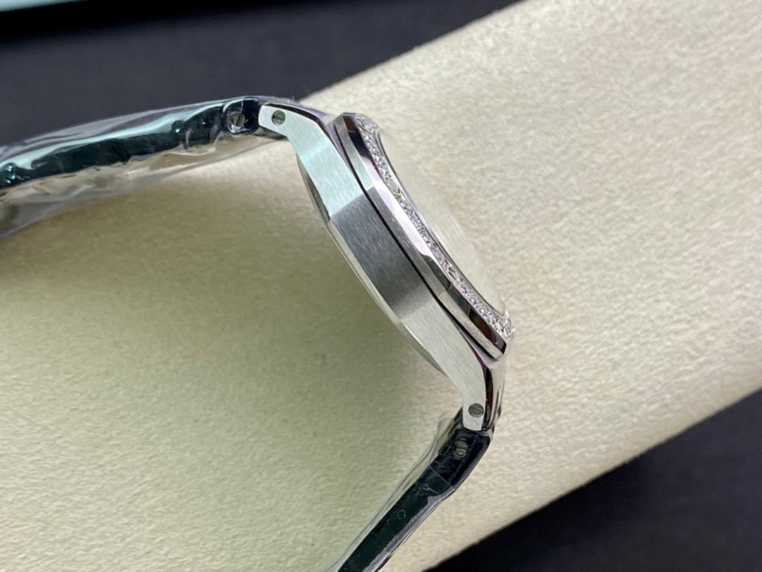 Audemars Piguet watch side profile with silver case and diamond-set bezel