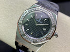 Audemars Piguet watch with silver case, dark green textured dial, diamond bezel, blue strap