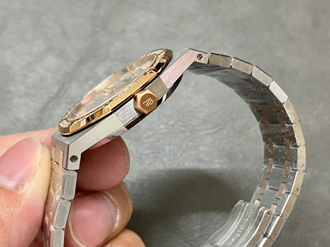 Audemars Piguet watch side profile with gold crown and steel case