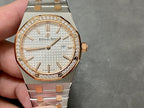 Audemars Piguet watch front with textured white dial, diamond bezel, and gold-accent bracelet
