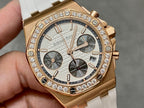 Audemars Piguet chronograph watch with diamond bezel, white rubber strap, date at 15