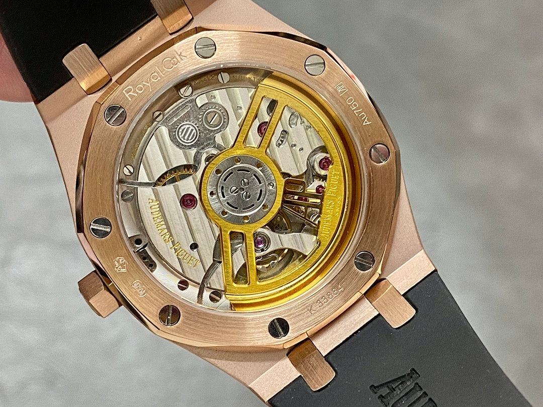 Open caseback luxury wristwatch with rose-gold movement and exposed gears on dial.