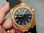 Rose-gold luxury wristwatch with black textured dial, applied markers, black strap.