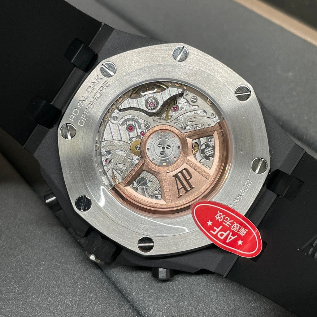 Audemars Piguet watch caseback with exposed automatic movement and AP engraving