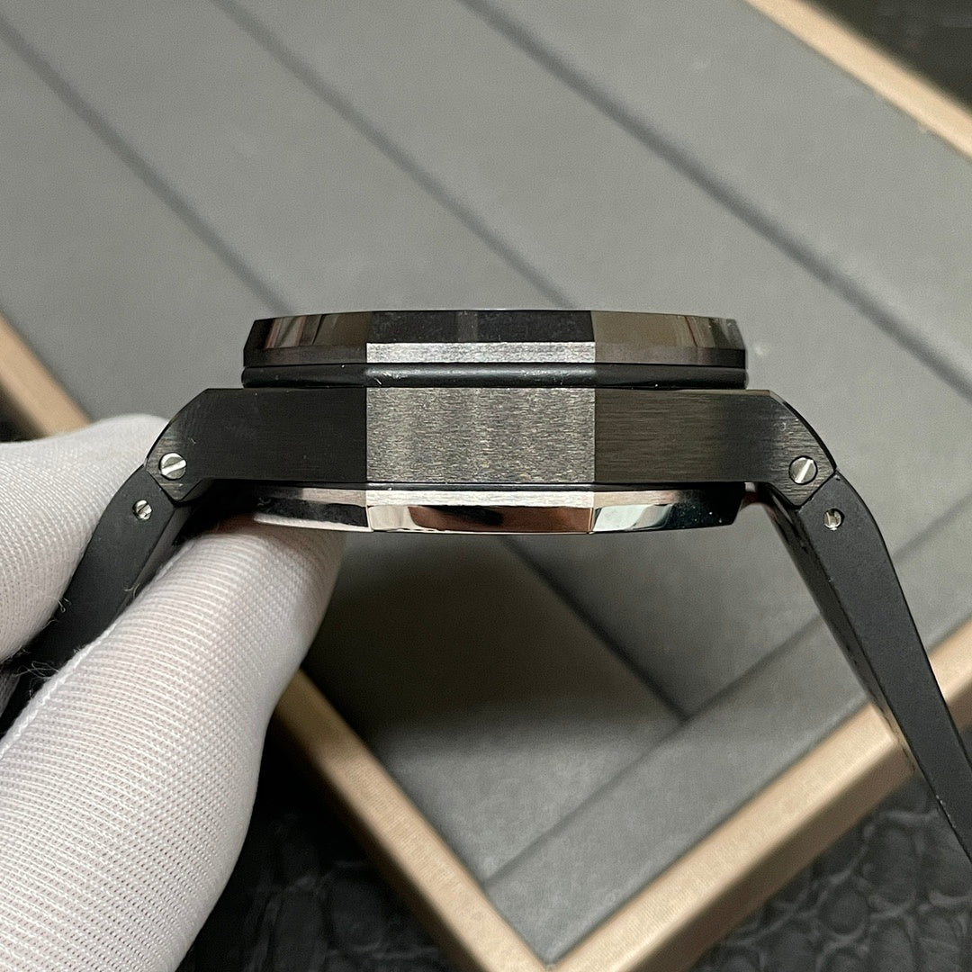 Audemars Piguet Royal Oak watch top view with black case and metal bezel accents